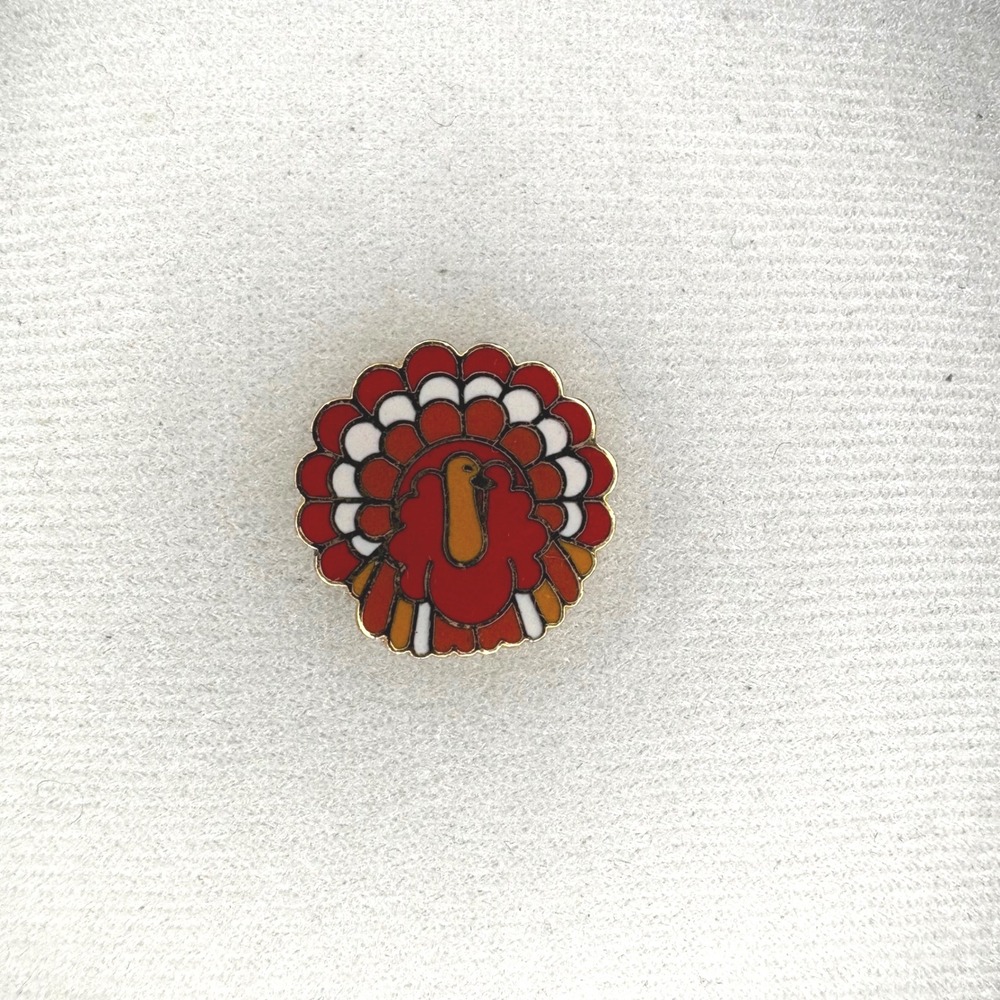 Vintage 1987 Hallmark Turkey Enamel Pin Thanksgiving Holiday Gold Tone Red Round